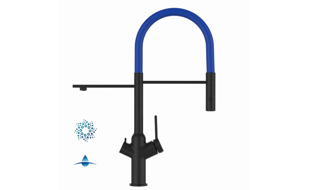 4-Wege-Wasserhahn Matt-Schwarz Küchenarmatur für Trinkwasseranlagen, blau schwenkbarer Auslauf abnehmbarer 2Strahl-Handbrause