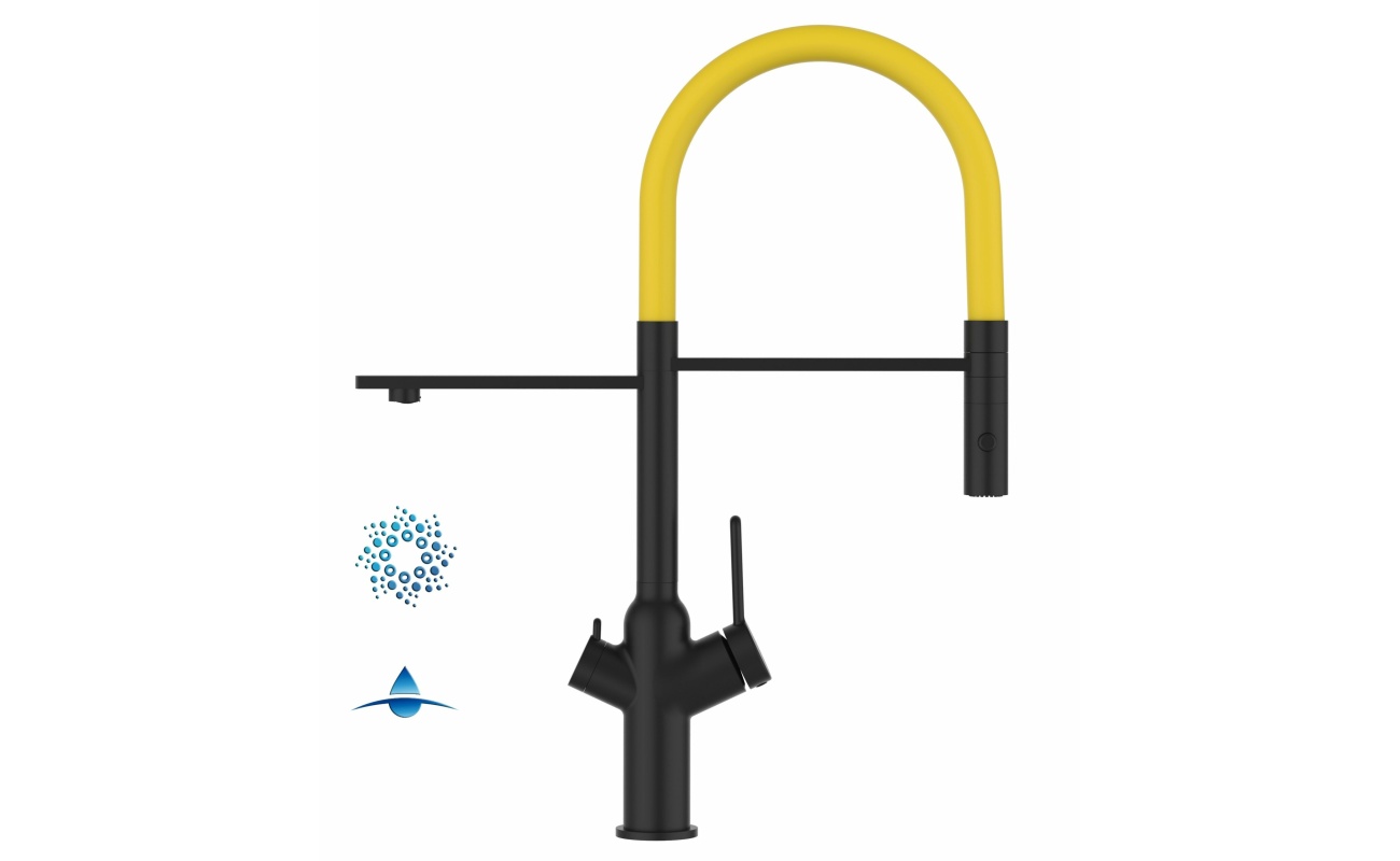 4-Wege-Wasserhahn Matt-Schwarz Küchenarmatur für Trinkwasseranlagen, gelb schwenkbarer Auslauf abnehmbarer 2Strahl-Handbrause