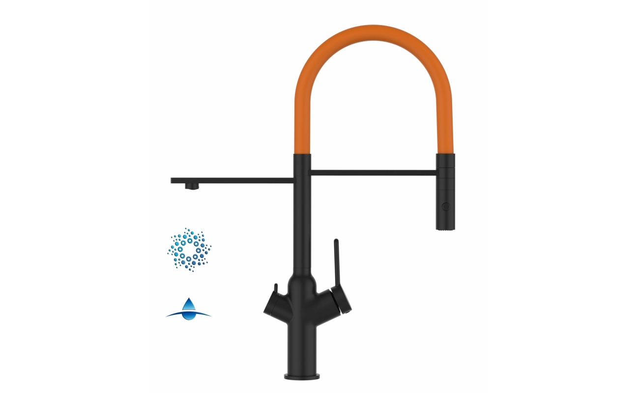 4-Wege-Wasserhahn Matt-Schwarz Küchenarmatur für Trinkwasseranlagen, orange schwenkbarer Auslauf abnehmbarer 2Strahl-Handbrause