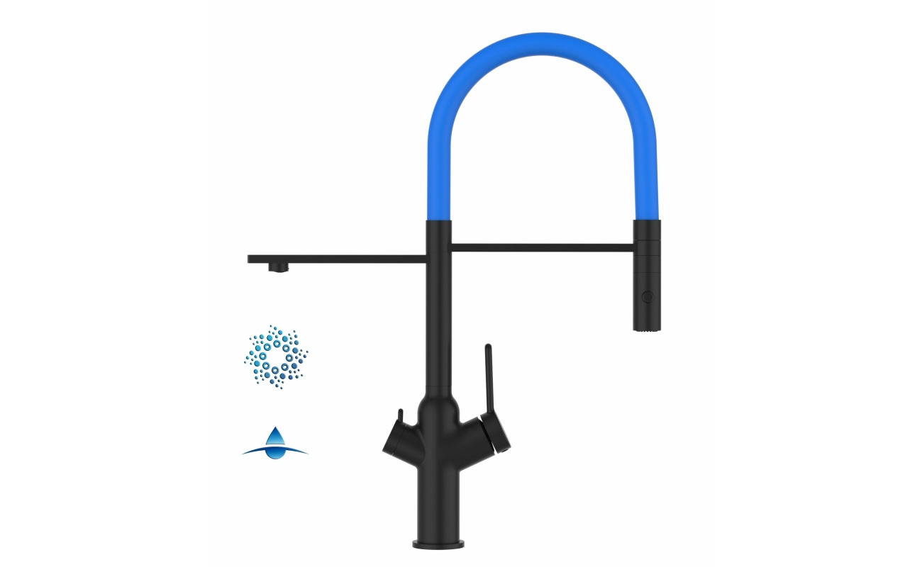 4-Wege-Wasserhahn Matt-Schwarz Küchenarmatur für Trinkwasseranlagen,hellblau schwenkbarer Auslauf abnehmbarer 2Strahl-Handbrause