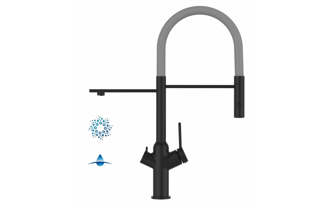 4-Wege-Wasserhahn Matt-Schwarz Küchenarmatur für Trinkwasseranlagen, grau schwenkbarer Auslauf abnehmbarer 2Strahl-Handbrause
