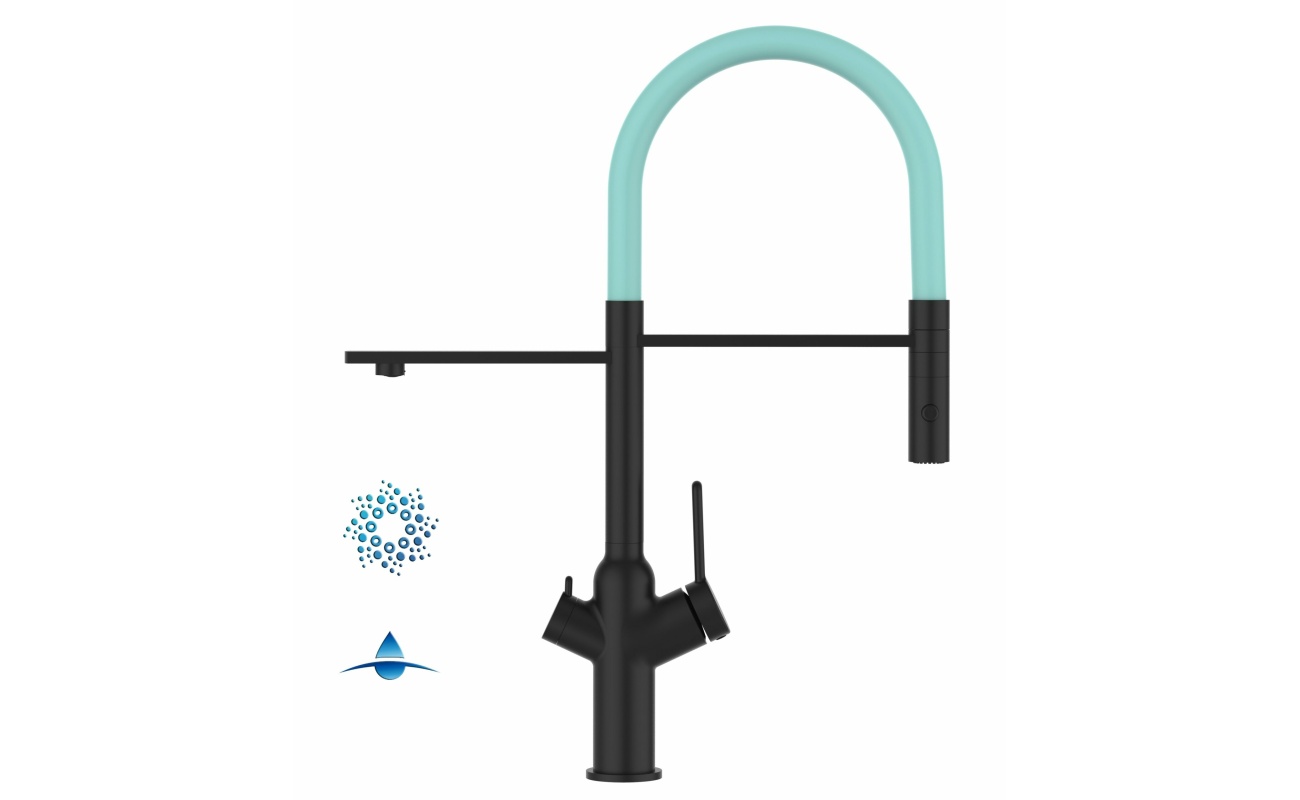 4-Wege-Wasserhahn Matt-Schwarz Küchenarmatur für Trinkwasseranlagen, türkis schwenkbarer Auslauf abnehmbarer 2Strahl-Handbrause