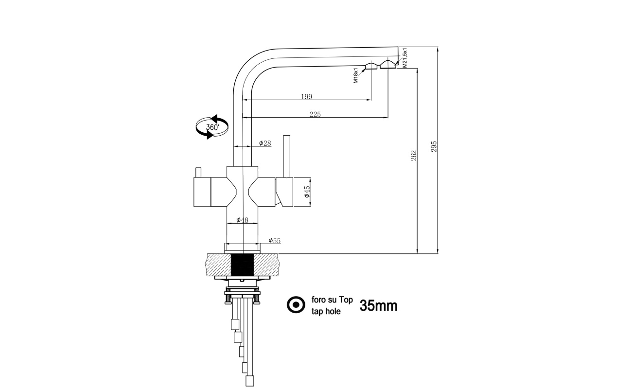 Kurze Variante 5-Wege-Wasserhahn Edelstahl Massiv Küchenarmatur mit 360° schwenkbarer Auslauf - Hochglanz-poliert