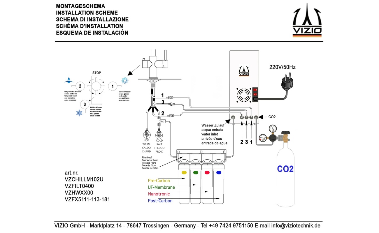 Komplette Anlage, 5 wege Armatur, Sprudelanlage, CO2 Druckminderer und 4 Stadien Filterset