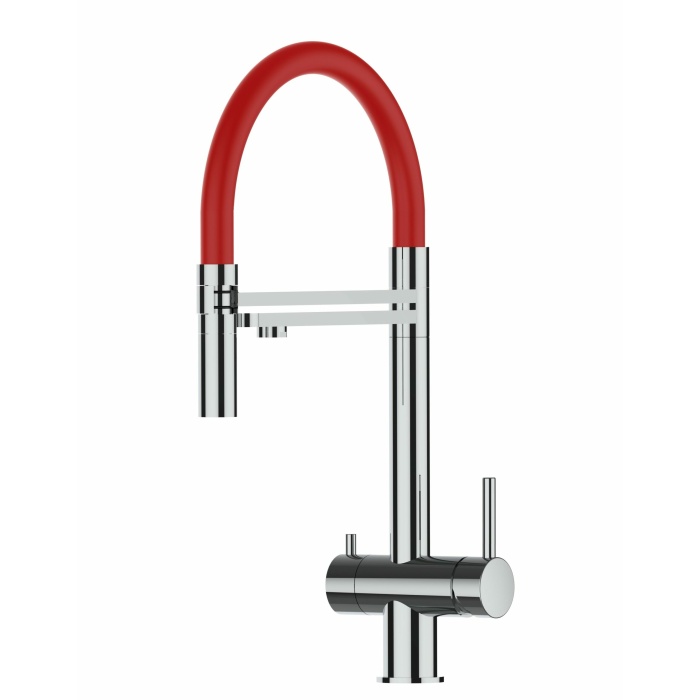 KÜRZERE VARIANTE 45CM - 3-Wege-Wasserhahn Edelstahl Massiv Küchenarmatur, schwenkbarer Auslauf 2-strahl-Handbrause - Hochglanz