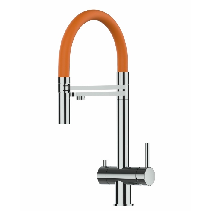 KÜRZERE VARIANTE 45CM - 3-Wege-Wasserhahn Edelstahl Massiv Küchenarmatur, schwenkbarer Auslauf 2-strahl-Handbrause - Hochglanz