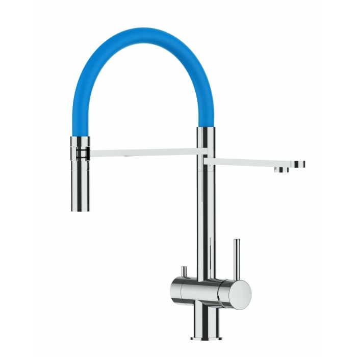 KÜRZERE VARIANTE 45CM - 3-Wege-Wasserhahn Edelstahl Massiv Küchenarmatur, schwenkbarer Auslauf 2-strahl-Handbrause - Hochglanz