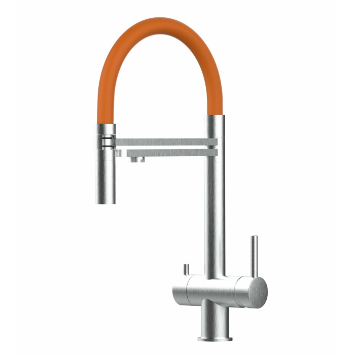 KÜRZERE VARIANTE 45CM - 3-Wege-Wasserhahn Edelstahl Massiv Küchenarmatur, schwenkbarer Auslauf 2-strahl-Handbrause - Gebürstet