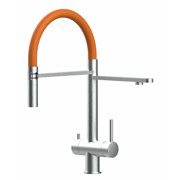 KÜRZERE VARIANTE 45CM - 3-Wege-Wasserhahn Edelstahl Massiv Küchenarmatur, schwenkbarer Auslauf 2-strahl-Handbrause - Gebürstet