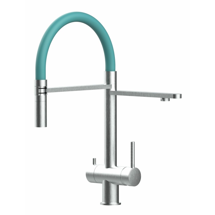 KÜRZERE VARIANTE 45CM - 3-Wege-Wasserhahn Edelstahl Massiv Küchenarmatur, schwenkbarer Auslauf 2-strahl-Handbrause - Gebürstet