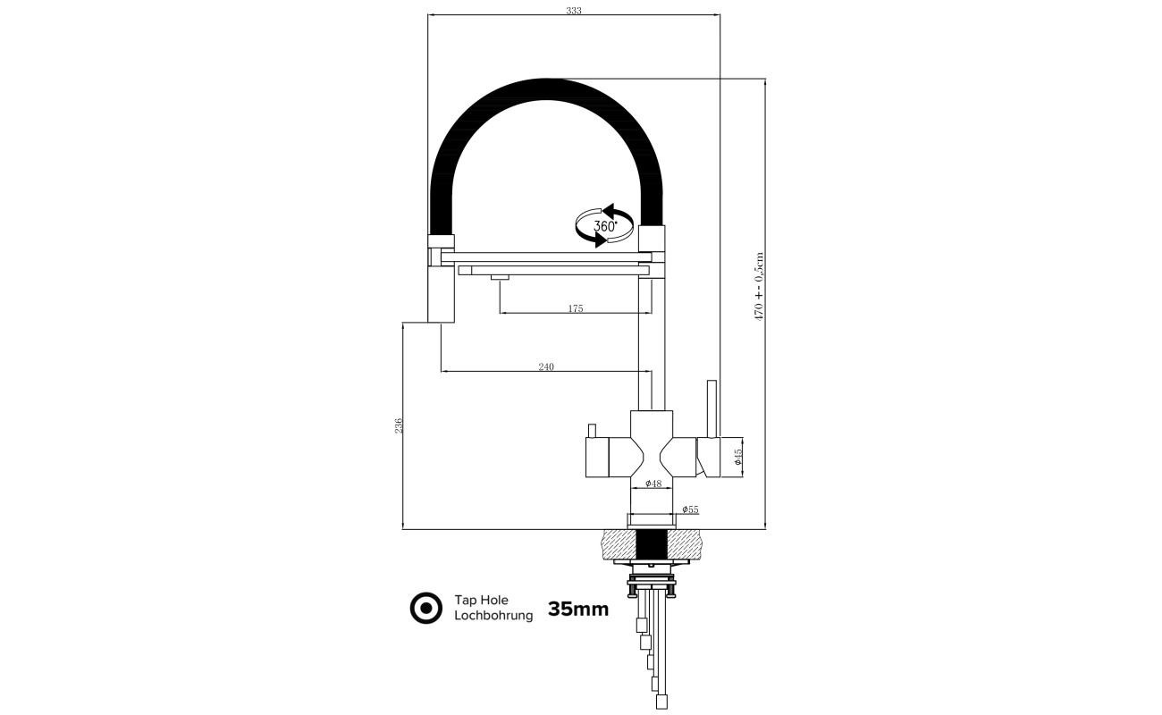 KÜRZERE VARIANTE 47CM - 5 Wege EDELSTAHL Massiv Armatur für Filtersysteme, Schwenkauslauf/abnehmbarer 2strahl Brause - Gebürstet