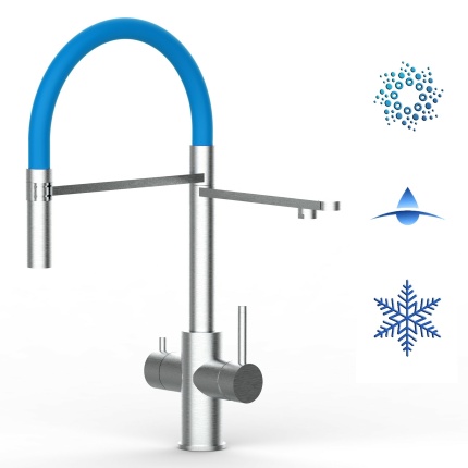 KÜRZERE VARIANTE 47CM - 5 Wege EDELSTAHL Massiv Armatur für Filtersysteme, Schwenkauslauf/abnehmbarer 2strahl Brause - Gebürstet
