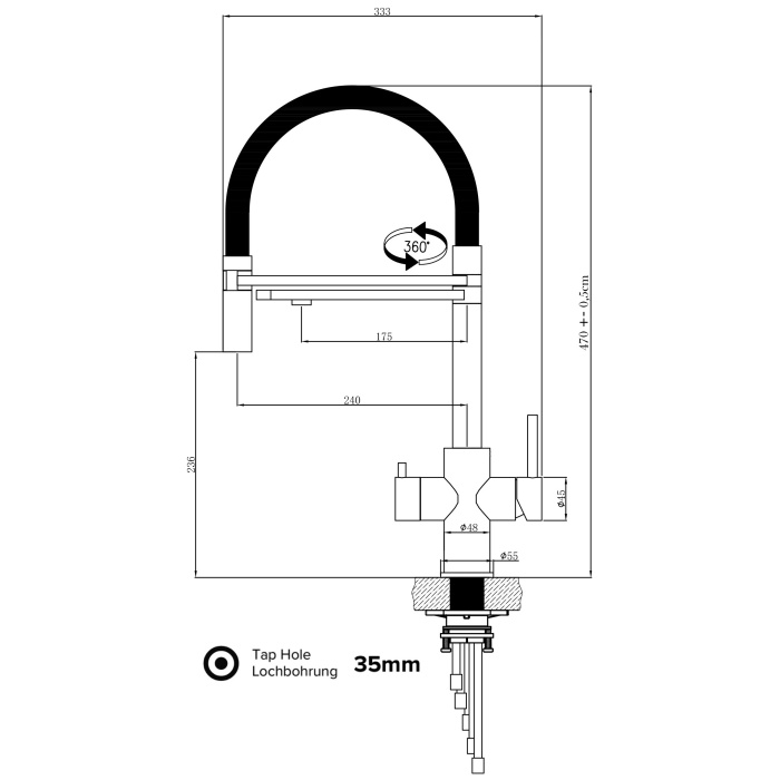 KÜRZERE VARIANTE 47CM - 5 Wege EDELSTAHL Massiv Armatur für Filtersysteme, Schwenkauslauf/abnehmbarer 2strahl Brause - Poliert