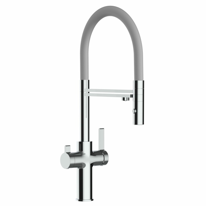 3 Wege Küchenmischer für alle gängigen Filtersysteme geeignet mit abnehmbarer 2 strahliger Handbrause - Chrom / Grau