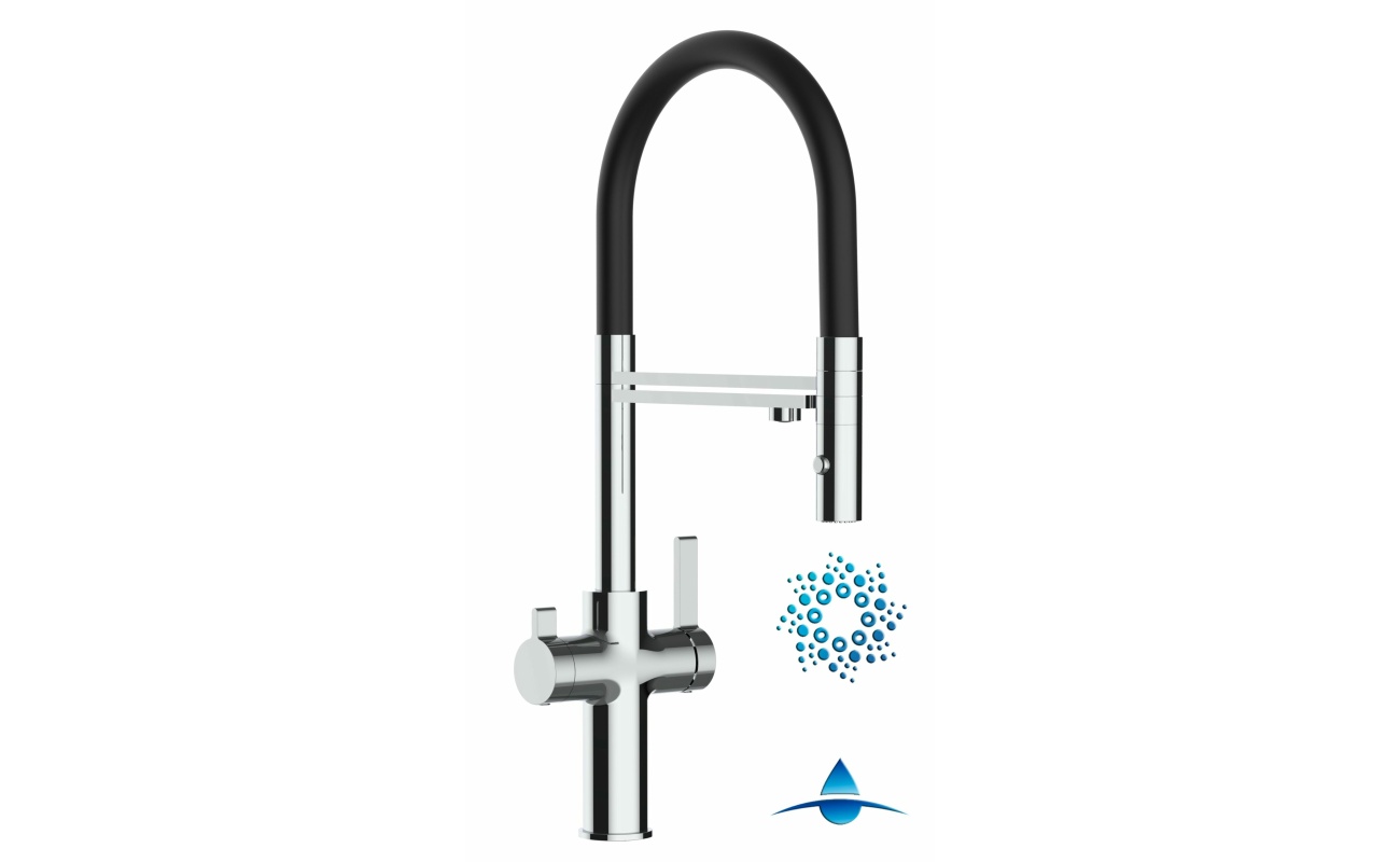 4-Wege-Wasserhahn Chrom Küchenarmatur für Trinkwasseranlagen, schwarz schwenkbarer Auslauf und abnehmbarer 2-strahl-Handbrause