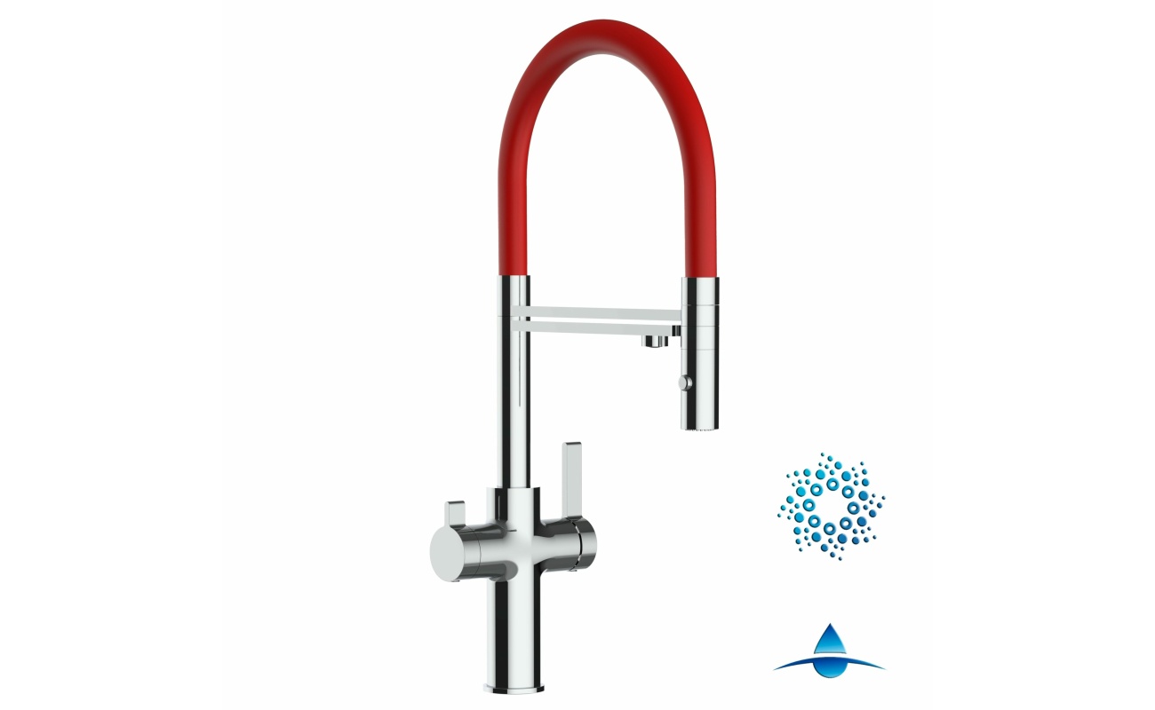 4-Wege-Wasserhahn Chrom Küchenarmatur für Trinkwasseranlagen, rot schwenkbarer Auslauf und abnehmbarer 2-strahl-Handbrause