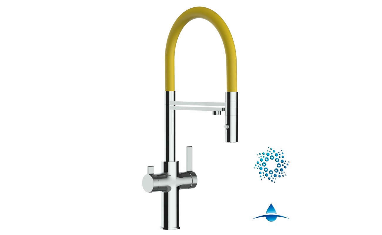 4-Wege-Wasserhahn Chrom Küchenarmatur für Trinkwasseranlagen, gelb schwenkbarer Auslauf und abnehmbarer 2-strahl-Handbrause