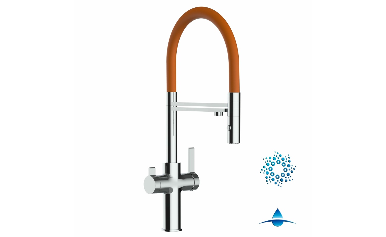 4-Wege-Wasserhahn Chrom Küchenarmatur für Trinkwasseranlagen, orange schwenkbarer Auslauf und abnehmbarer 2-strahl-Handbrause