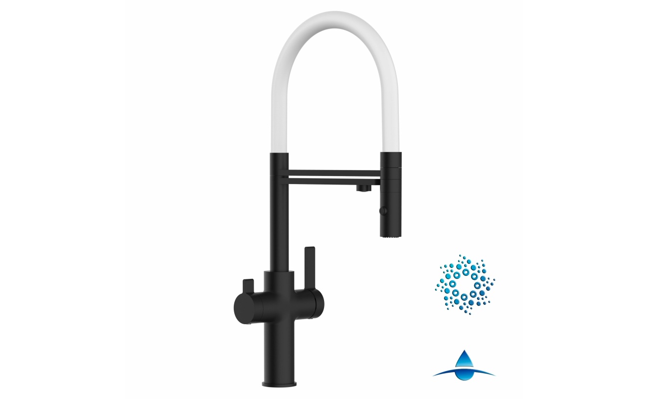 4-Wege-Wasserhahn Matt-Schwarz Küchenarmatur für Trinkwasseranlagen, weiß schwenkbarer Auslauf abnehmbarer 2-strahl-Handbrause