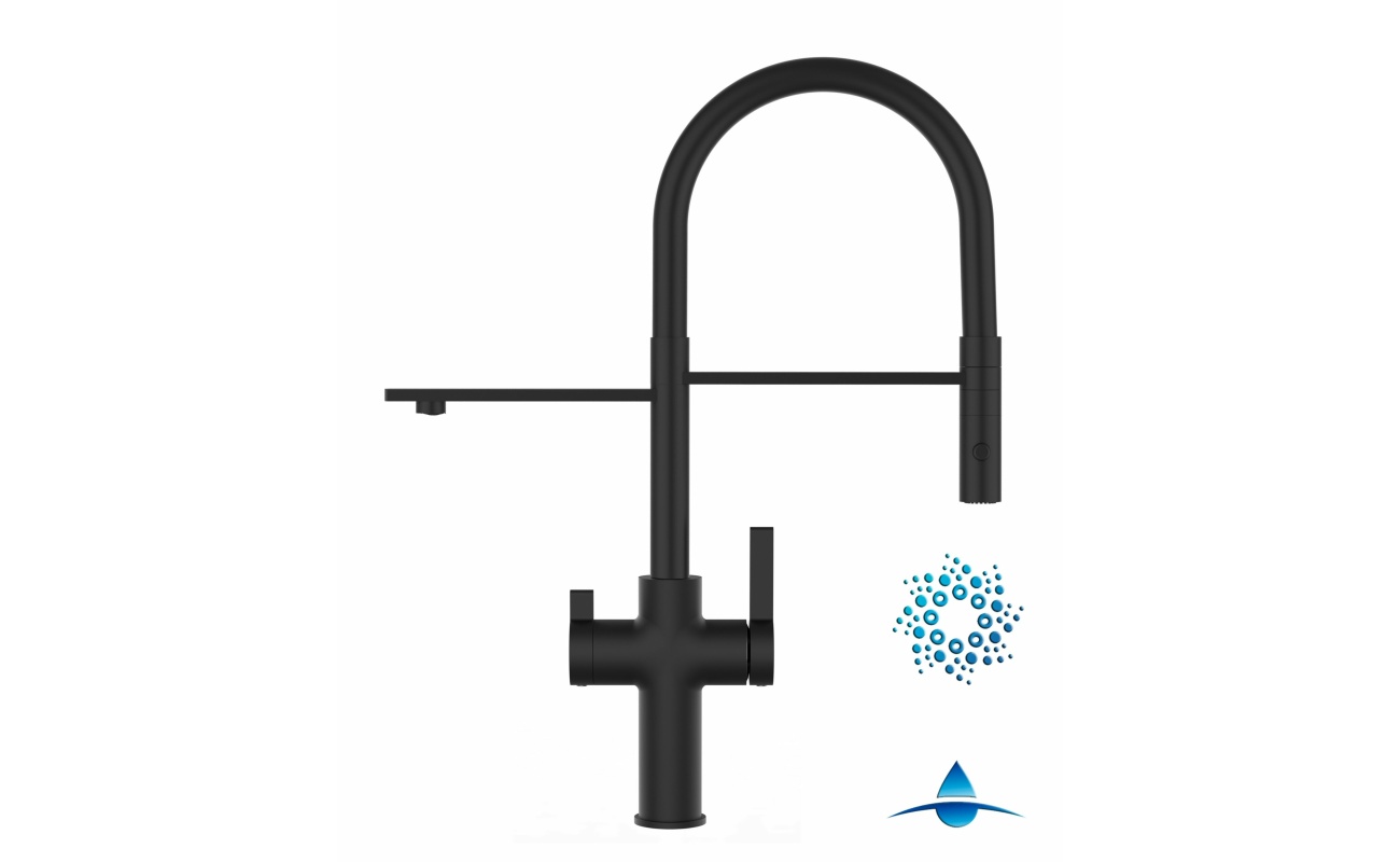 4-Wege-Wasserhahn Matt-Schwarz Küchenarmatur für Trinkwasseranlagen,schwarz schwenkbarer Auslauf abnehmbarer 2Strahl-Handbrause