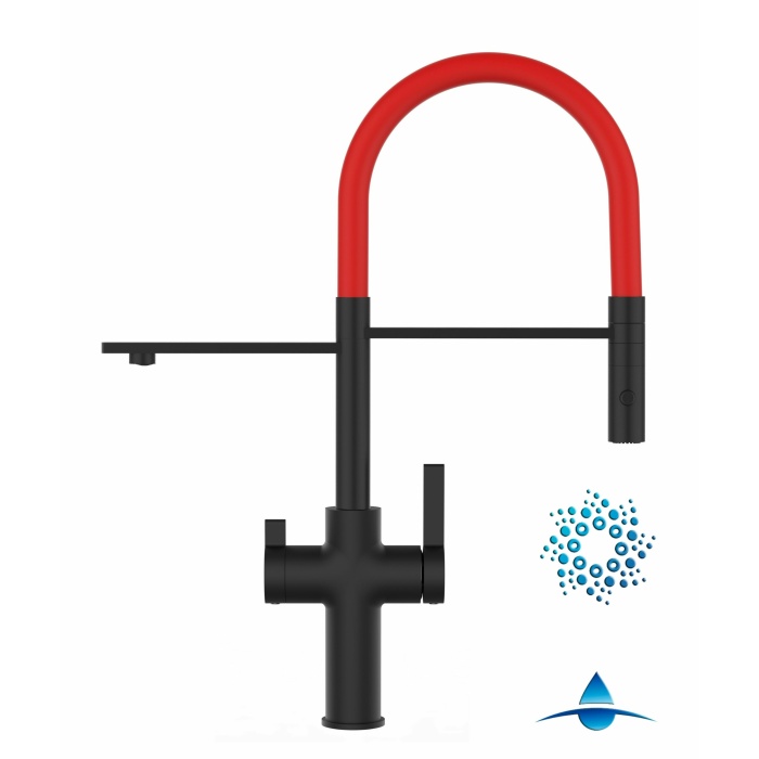 4-Wege-Wasserhahn Matt-Schwarz Küchenarmatur für Trinkwasseranlagen, rot schwenkbarer Auslauf abnehmbarer 2-strahl-Handbrause