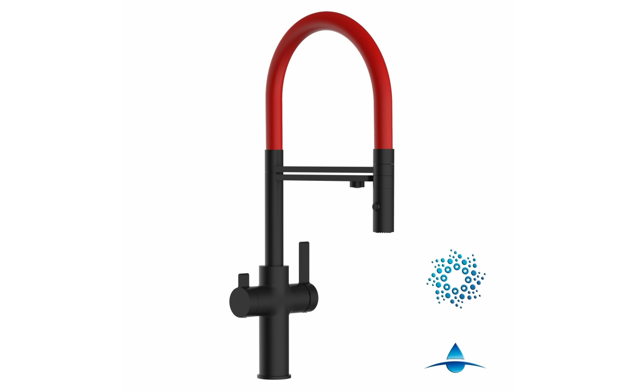 4-Wege-Wasserhahn Matt-Schwarz Küchenarmatur für Trinkwasseranlagen, rot schwenkbarer Auslauf abnehmbarer 2-strahl-Handbrause