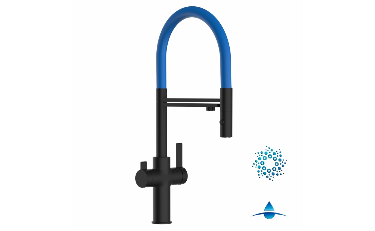 4-Wege-Wasserhahn Matt-Schwarz Küchenarmatur für Trinkwasseranlagen, blau schwenkbarer Auslauf abnehmbarer 2-strahl-Handbrause