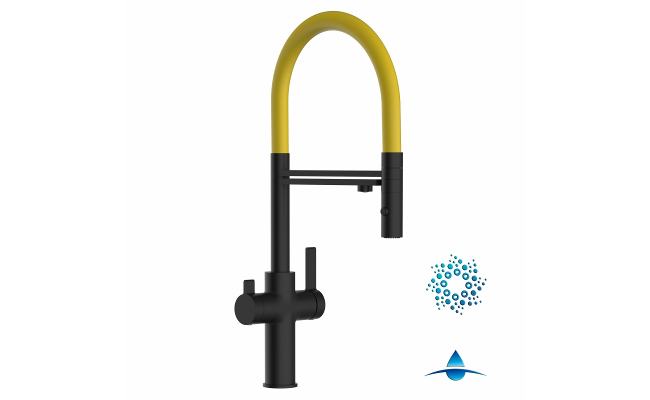 4-Wege-Wasserhahn Matt-Schwarz Küchenarmatur für Trinkwasseranlagen, gelb schwenkbarer Auslauf abnehmbarer 2-strahl-Handbrause
