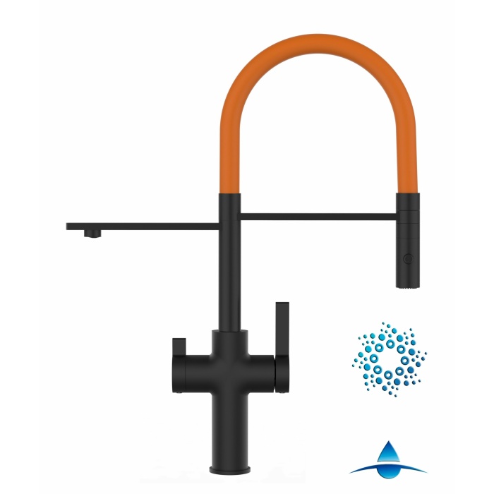 4-Wege-Wasserhahn Matt-Schwarz Küchenarmatur für Trinkwasseranlagen, orange schwenkbarer Auslauf abnehmbarer 2Strahl-Handbrause