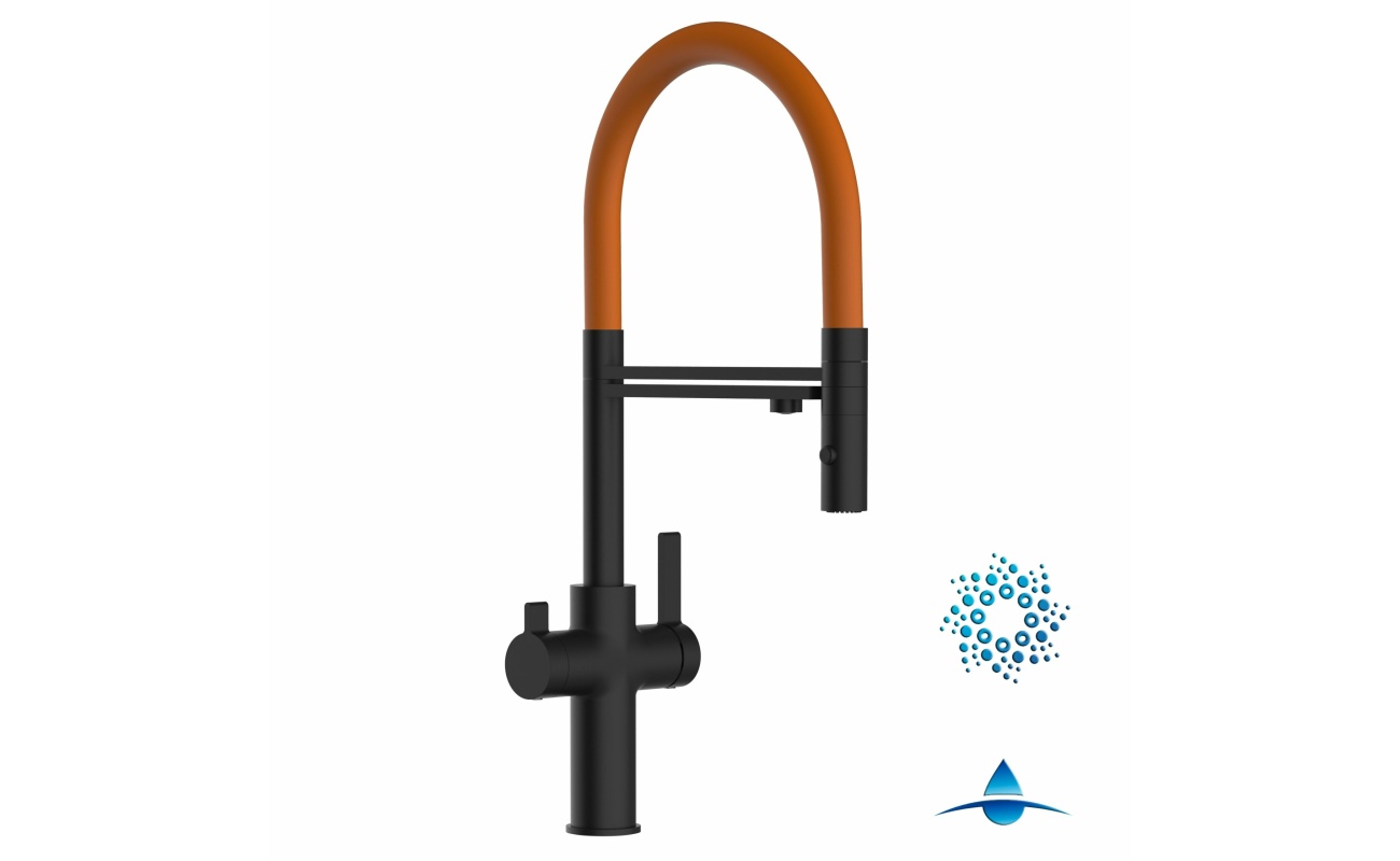 4-Wege-Wasserhahn Matt-Schwarz Küchenarmatur für Trinkwasseranlagen, orange schwenkbarer Auslauf abnehmbarer 2Strahl-Handbrause