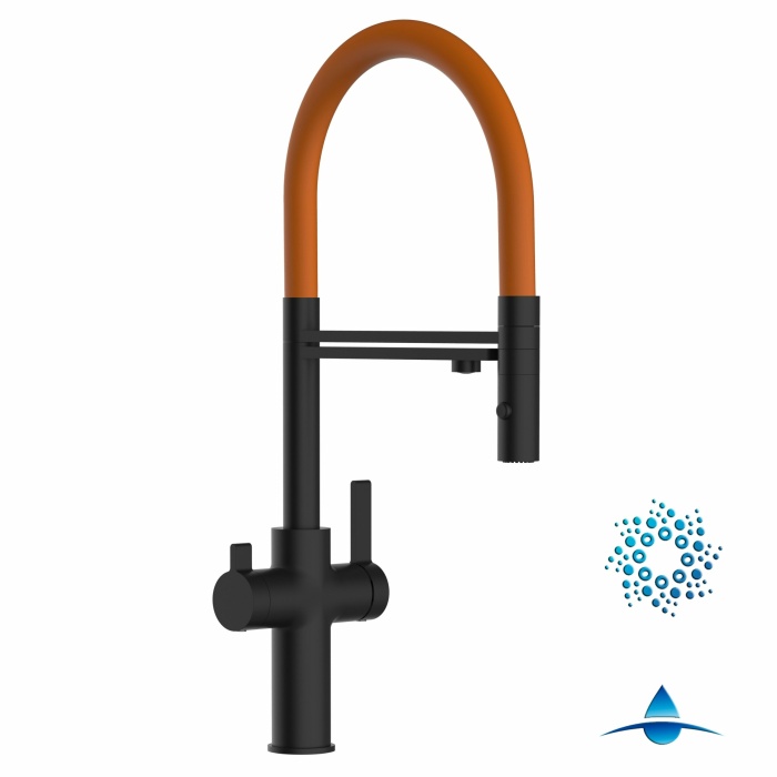 4-Wege-Wasserhahn Matt-Schwarz Küchenarmatur für Trinkwasseranlagen, orange schwenkbarer Auslauf abnehmbarer 2Strahl-Handbrause