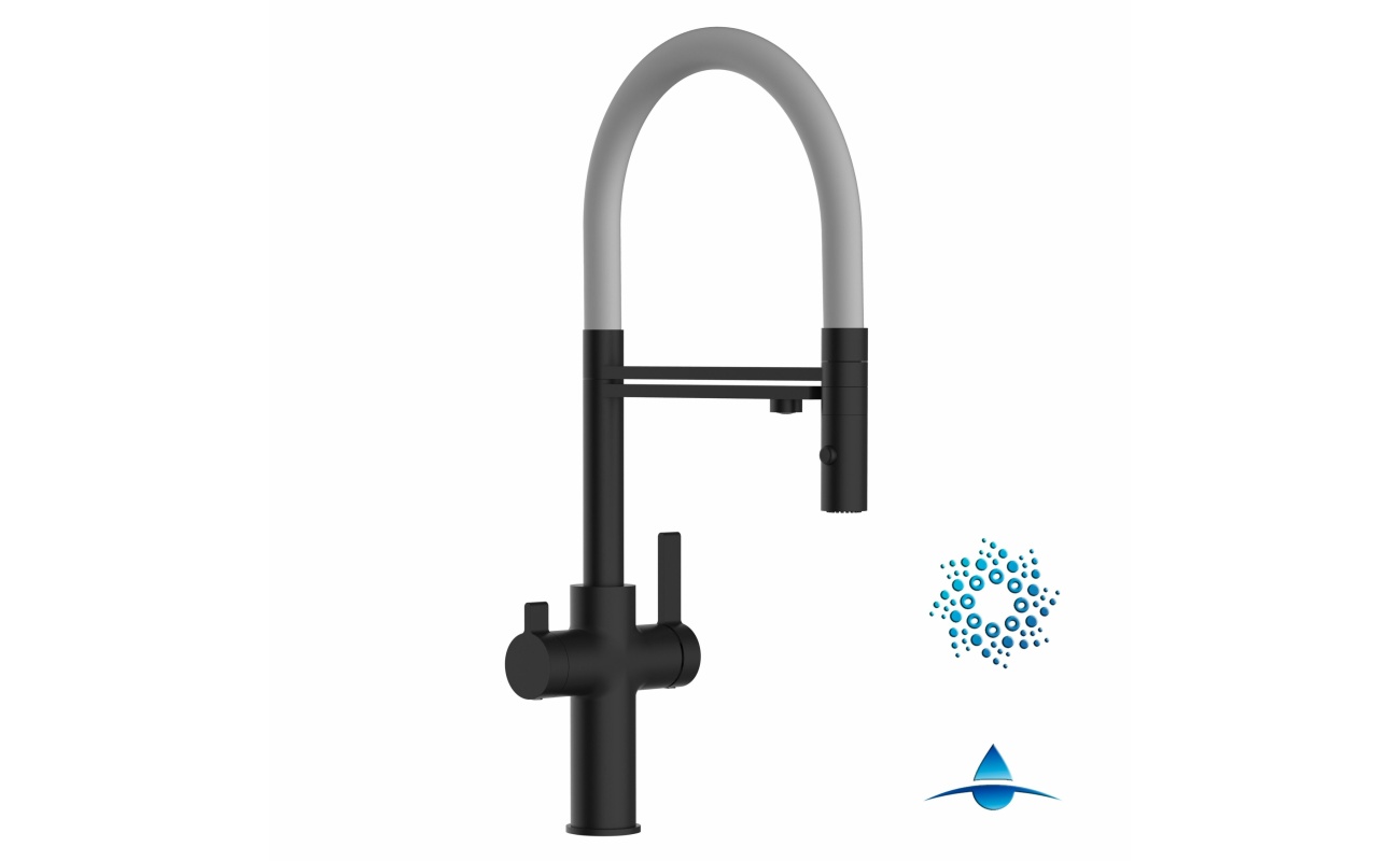 4-Wege-Wasserhahn Matt-Schwarz Küchenarmatur für Trinkwasseranlagen, grau schwenkbarer Auslauf abnehmbarer 2-strahl-Handbrause