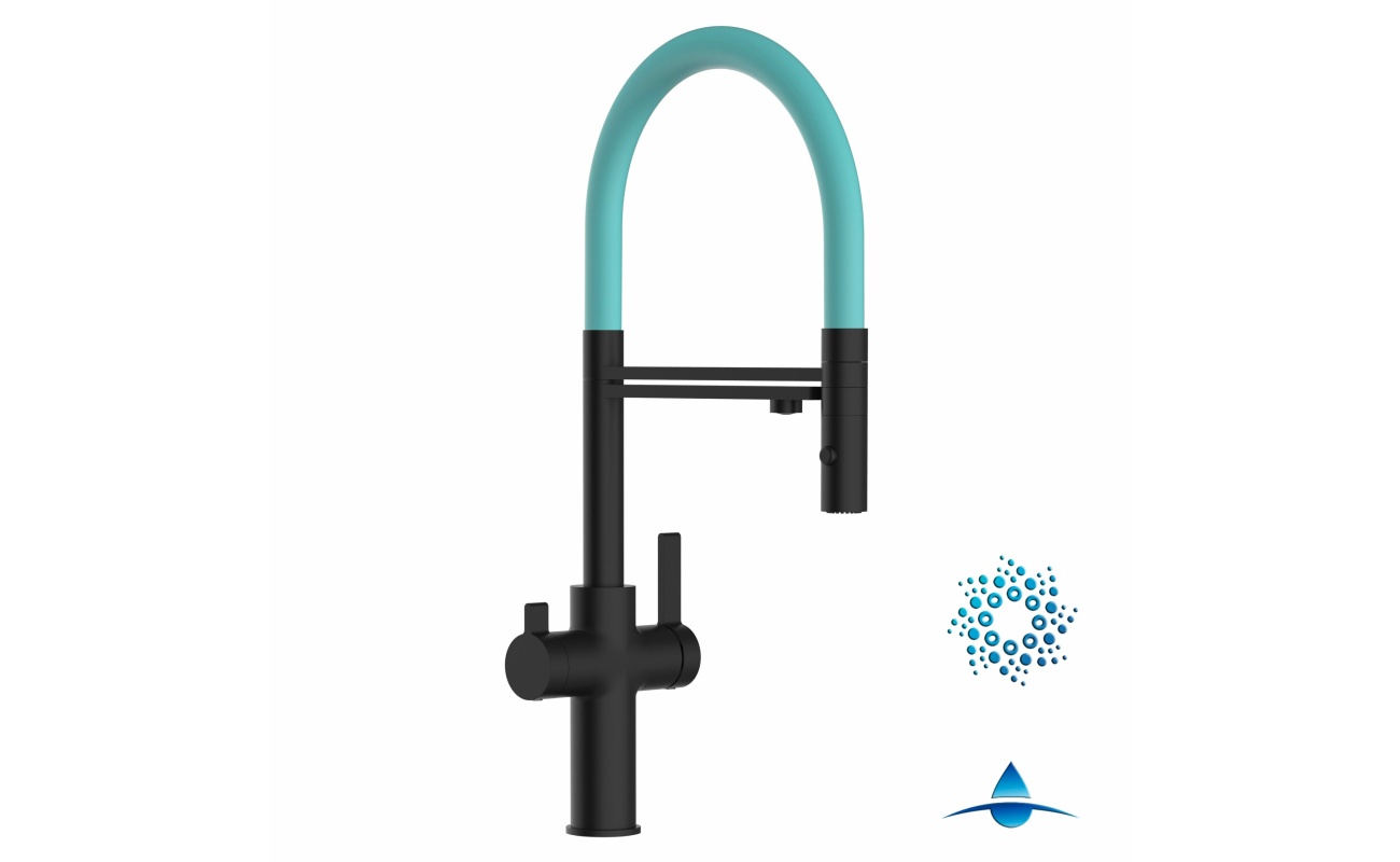 4-Wege-Wasserhahn Matt-Schwarz Küchenarmatur für Trinkwasseranlagen, Türkis schwenkbarer Auslauf abnehmbarer 2Strahl-Brause
