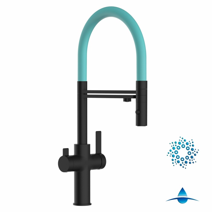 4-Wege-Wasserhahn Matt-Schwarz Küchenarmatur für Trinkwasseranlagen, Türkis schwenkbarer Auslauf abnehmbarer 2Strahl-Brause