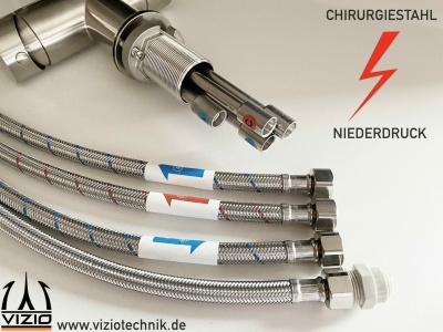 NIEDERDRUCK 3-Wege-Armatur Edelstahl Massiv, schwenkbarem Auslauf, abnehmbare 2 strahl Handbrause - Gebürstet / Rot