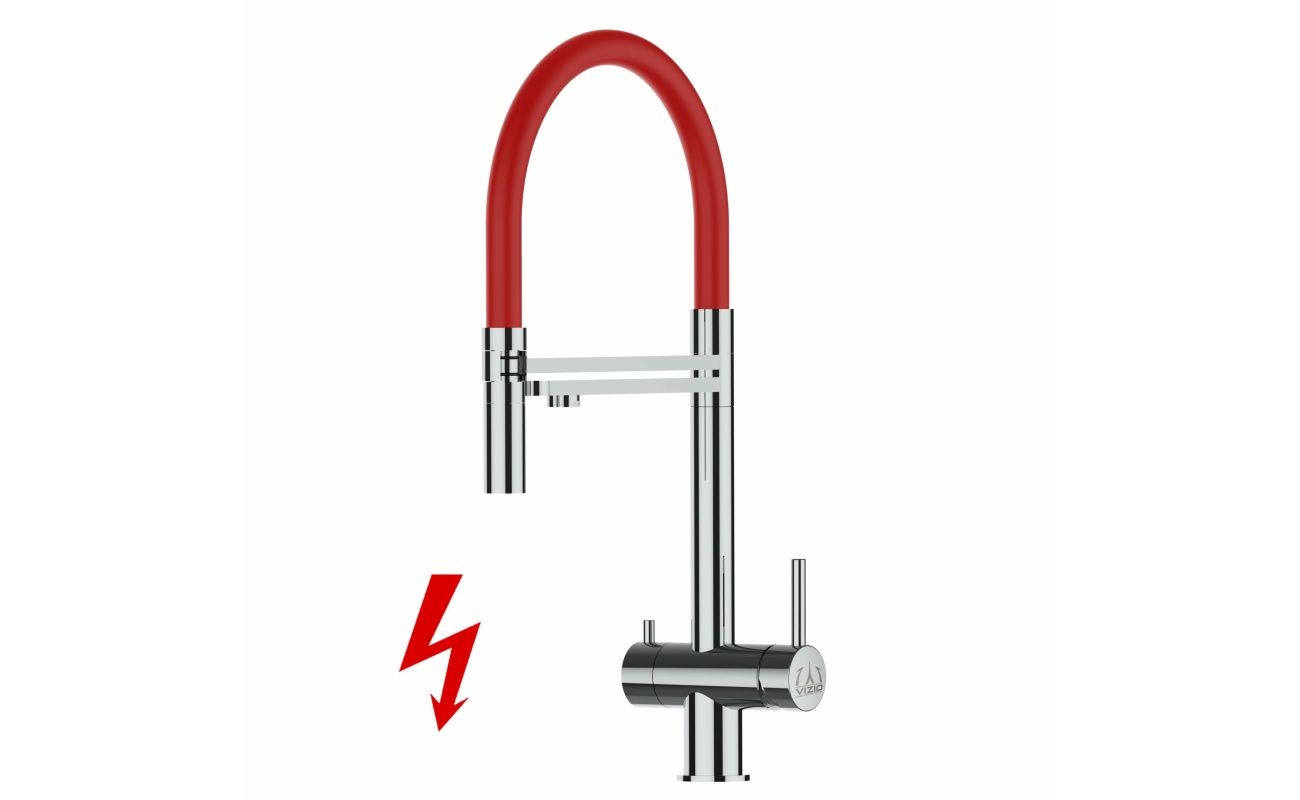 NIEDERDRUCK 3-Wege-Armatur Edelstahl Massiv, schwenkbarem Auslauf, abnehmbare 2 strahl Handbrause - Hochglanz / Rot