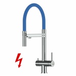 NIEDERDRUCK 3-Wege-Armatur Edelstahl Massiv, schwenkbarem Auslauf, abnehmbare 2 strahl Handbrause - Hochglanz / Blau