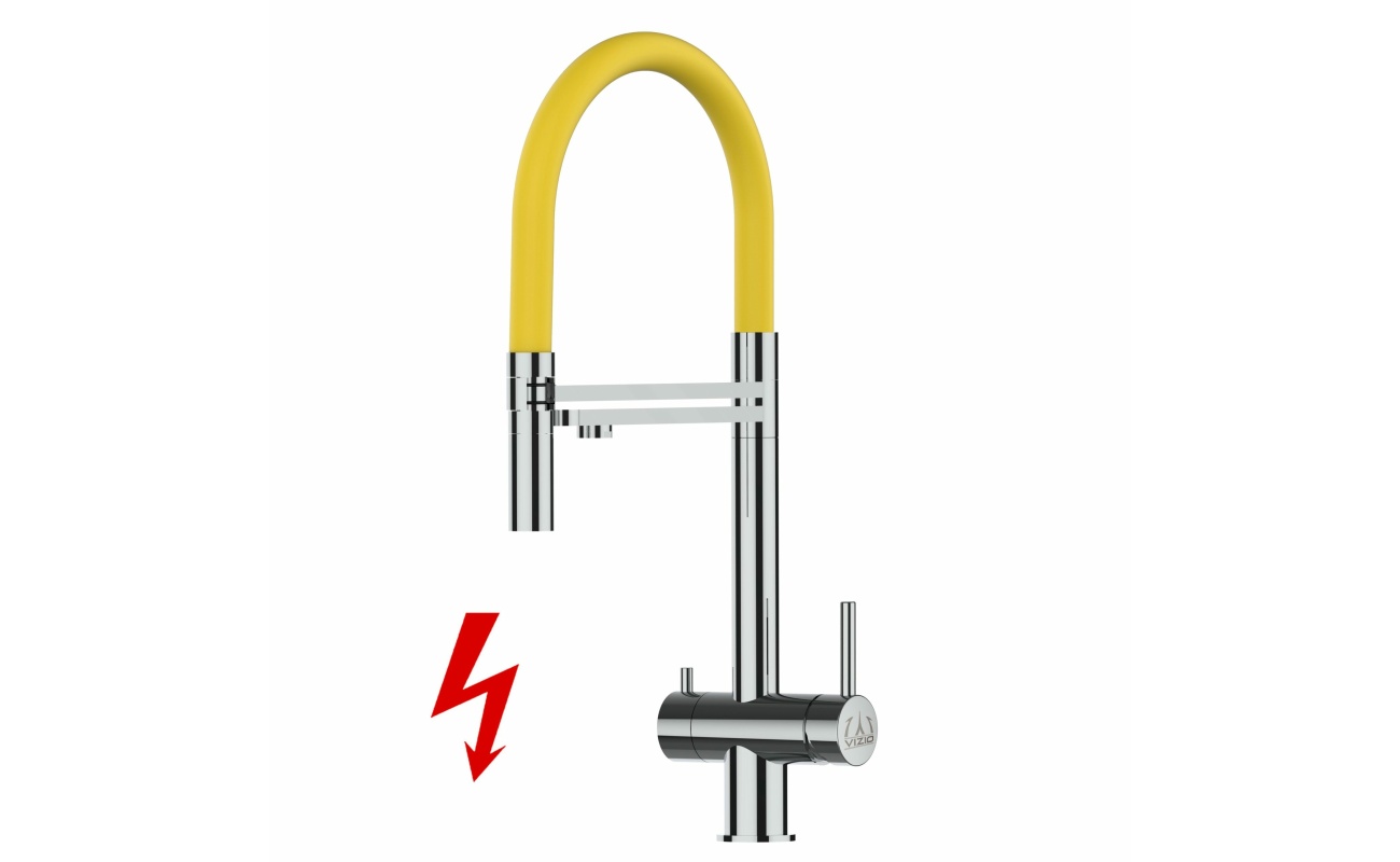 NIEDERDRUCK 3-Wege-Armatur Edelstahl Massiv, schwenkbarem Auslauf, abnehmbare 2 strahl Handbrause - Hochglanz / Gelb