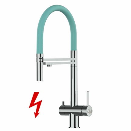 NIEDERDRUCK 3-Wege-Armatur Edelstahl Massiv, schwenkbarem Auslauf, abnehmbare 2 strahl Handbrause - Hochglanz / Türkis