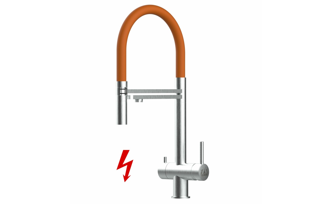 NIEDERDRUCK 3-Wege-Armatur Edelstahl Massiv, schwenkbarem Auslauf, abnehmbare 2 strahl Handbrause - Gebürstet / Orange