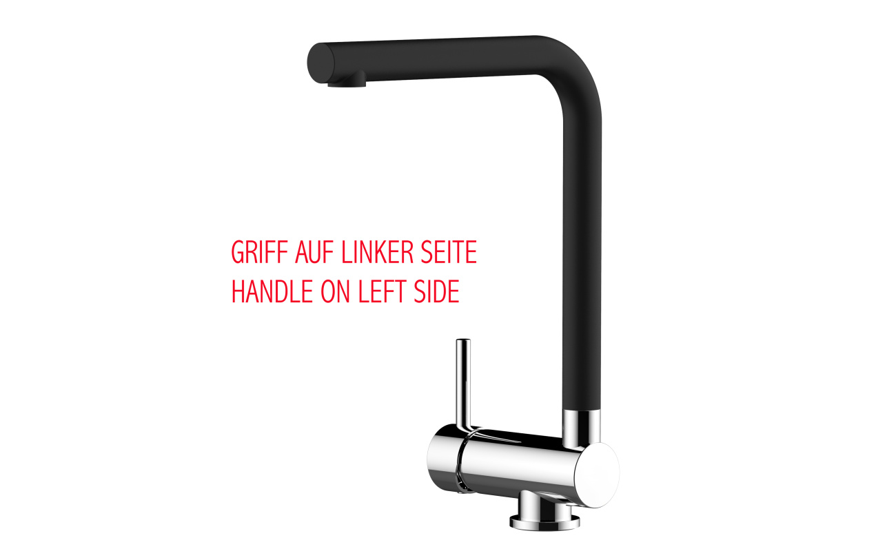 Unterfenster Küchenarmatur mit 360° schwenkbarer Quartz Schwarz Auslauf - Gesamthöhe abgeschwenkt 6cm - Griff auf linker Seite