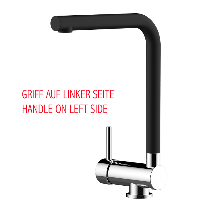 Unterfenster Küchenarmatur mit 360° schwenkbarer Quartz Schwarz Auslauf - Gesamthöhe abgeschwenkt 6cm - Griff auf linker Seite